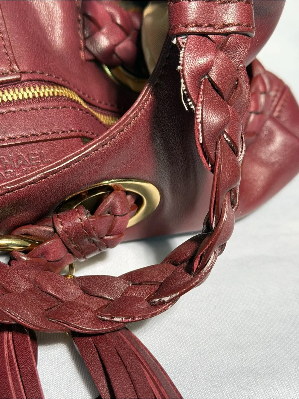 Michael Kors Burgundy Leather Braided Grommet Tassel Shoulder Bag Gold Hardware